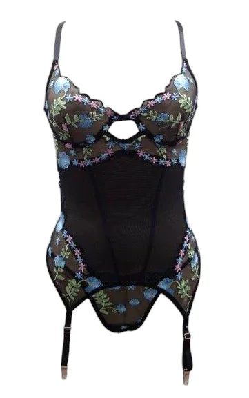 Escante Garden Embroidered Underwire Cup Bustier with Matching G-String Twilight Black