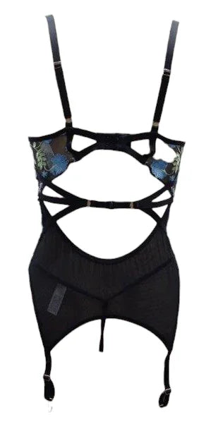 Escante Garden Embroidered Underwire Cup Bustier with Matching G-String Twilight Black