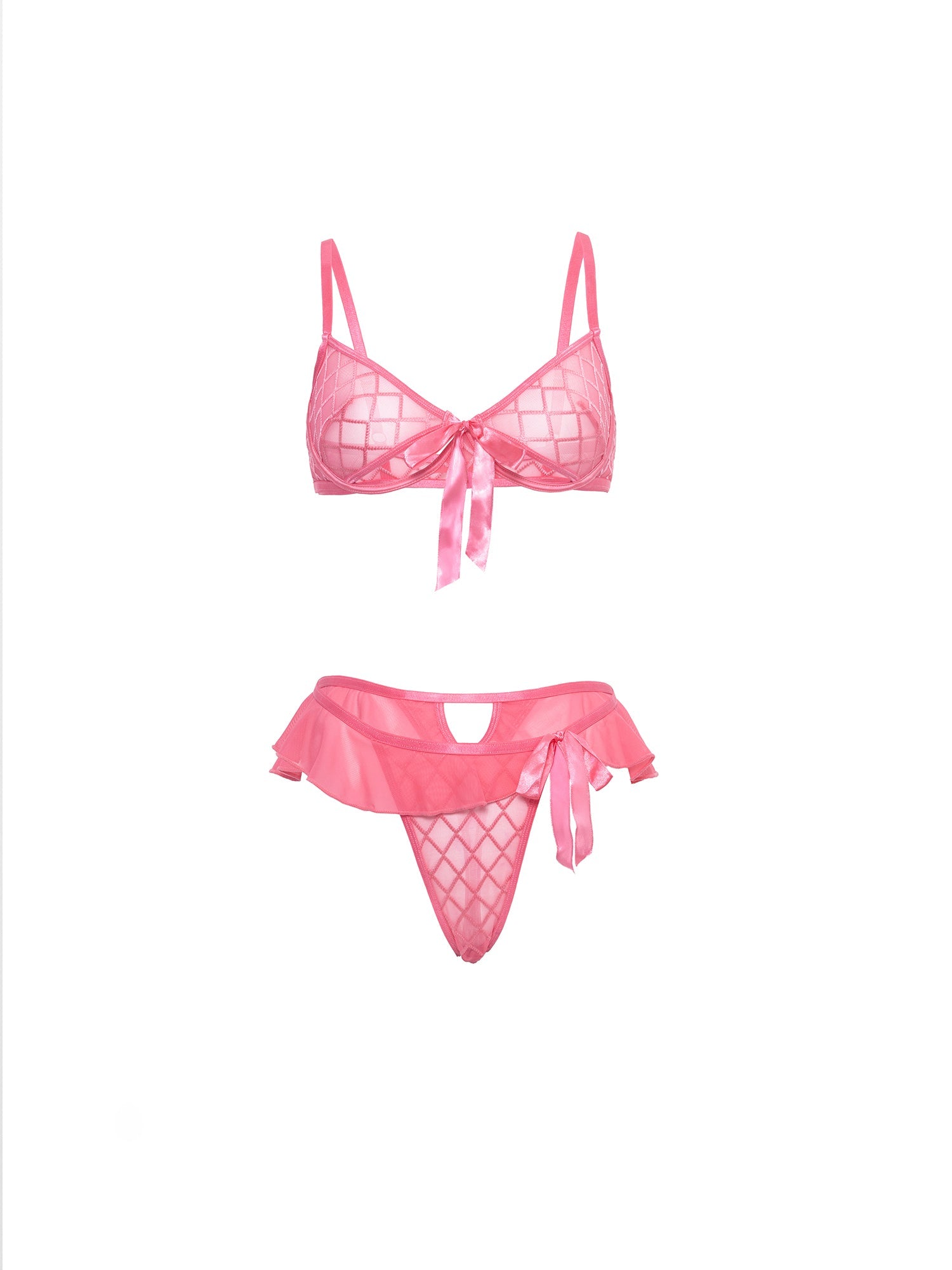 Aubrielle Diamond Mesh Underwire Bra with Thong 2 pc Set Pink