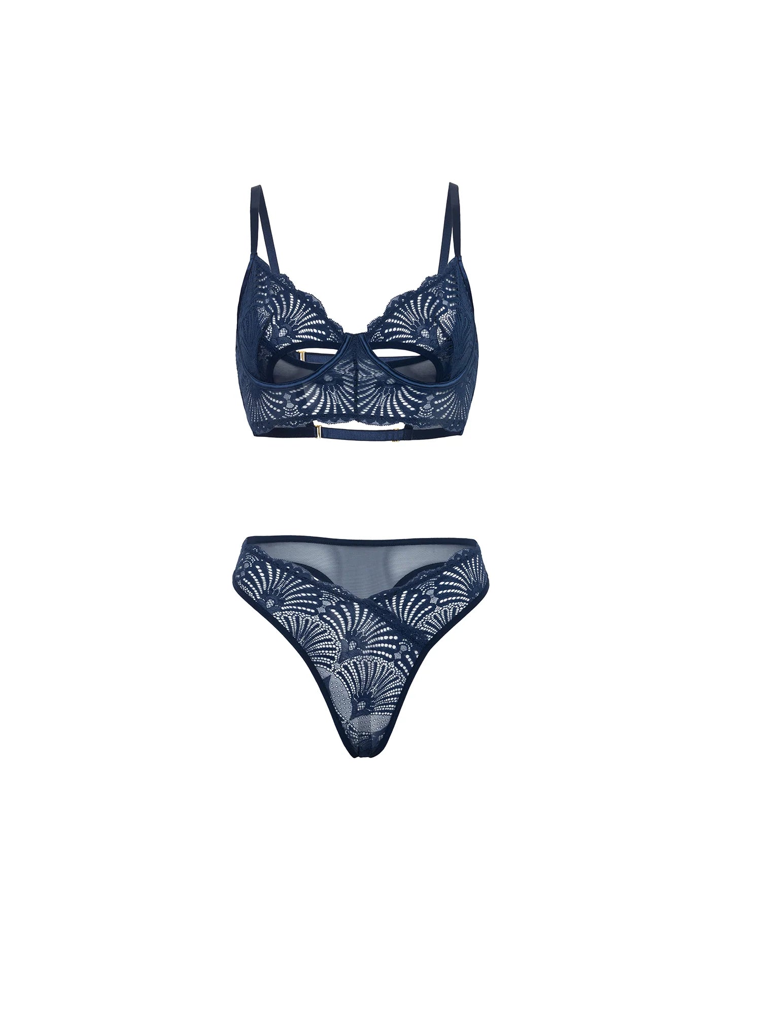 Roxie Mesh and Lace Underwire Bra with Thong 2 pc Set Navy