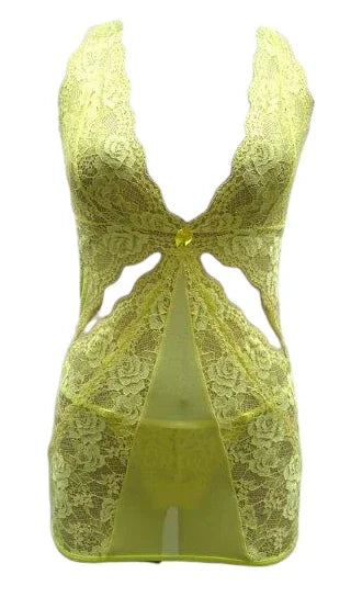 Escante Lace & Mesh Front Cutout Chemise with Criss Cross Back Lemonade