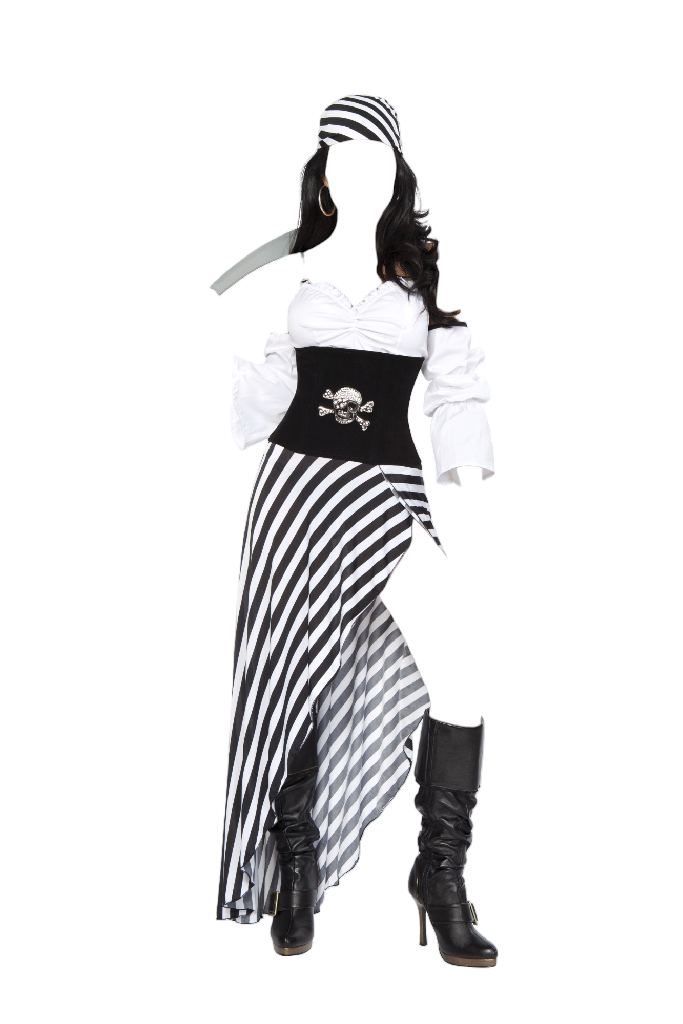 Roma Costume 6 PC Pirate Lass Rhinestone Skirt & Crop Top Black/White