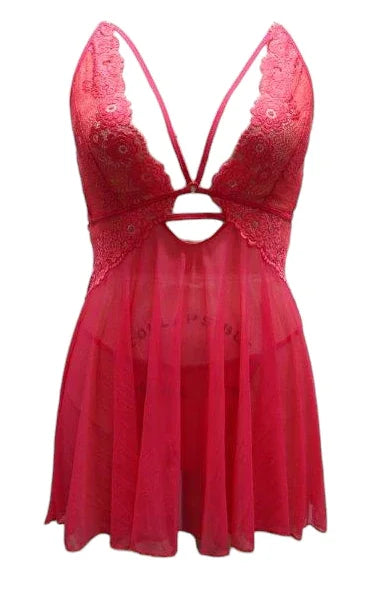 Escante Lace and Mesh Babydoll with G-String Papaya