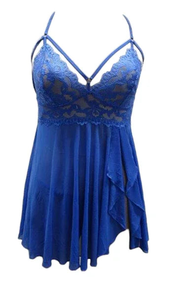Escante Glossy Lace and Mesh Side Split Babydoll with Panty Cobalt Blue