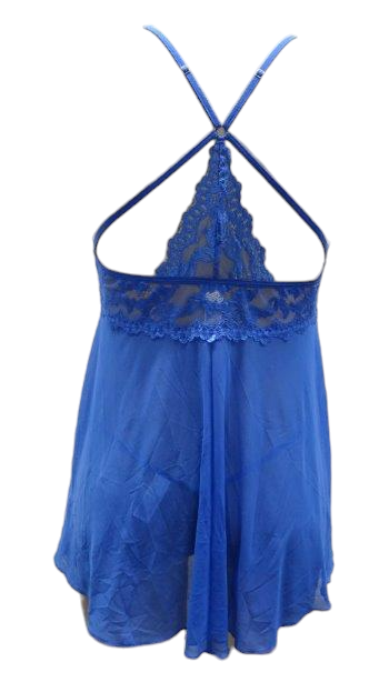Escante Glossy Lace and Mesh Side Split Babydoll with Panty Cobalt Blue