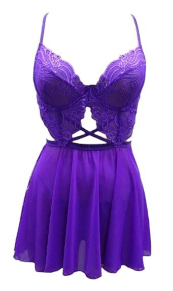 Escante Lace and Mesh Underwire Cup Strappy Front Babydoll with G-String Purple Magic