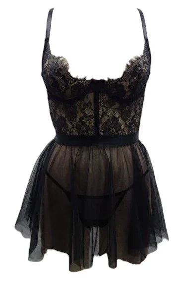 Escante Eyelash Lace Babydoll with Elastic Trim & G-String Black