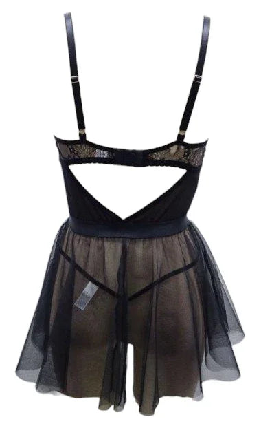 Escante Eyelash Lace Babydoll with Elastic Trim & G-String Black