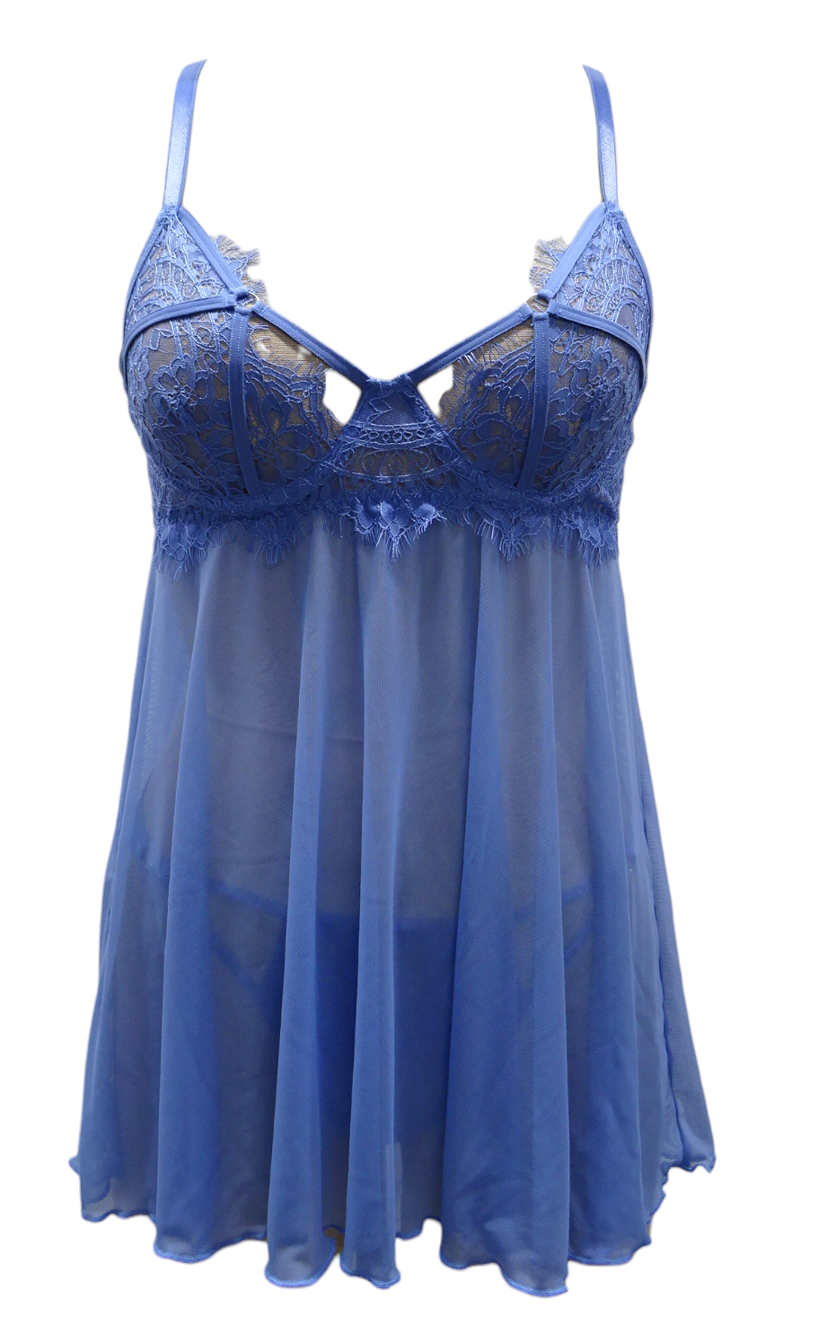 Escante Eyelash Lace & Mesh Underwire Cup Babydoll with Strappy Cups and Panty Dusty Blue