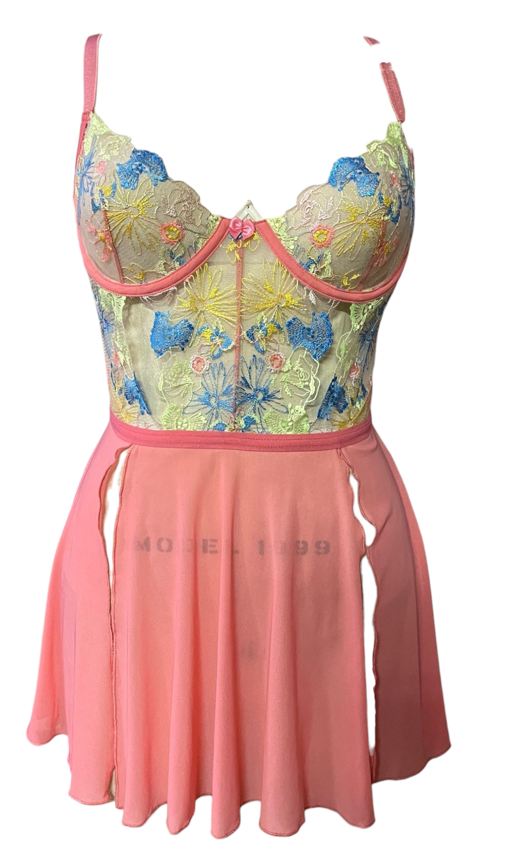 Escante Embroidered Lace & Mesh Underwire Cup Babydoll Coral