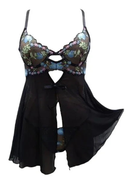 Escante Garden Embroidered Lace Underwire Cup Open Front Babydoll with Panty Twilight Black