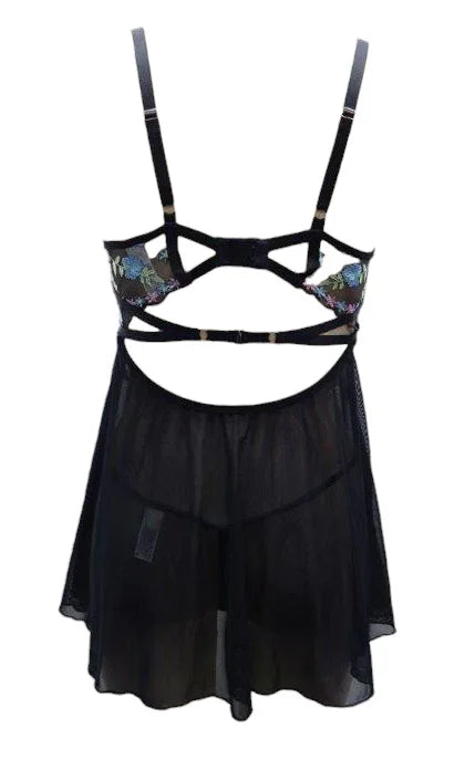 Escante Garden Embroidered Lace Underwire Cup Open Front Babydoll with Panty Twilight Black