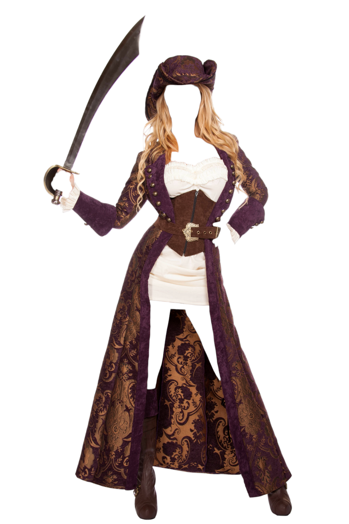 Roma Costume 6 PC Decadent Pirate Diva Long Brocade Jacket & Waist Cincher Costume Set Brown