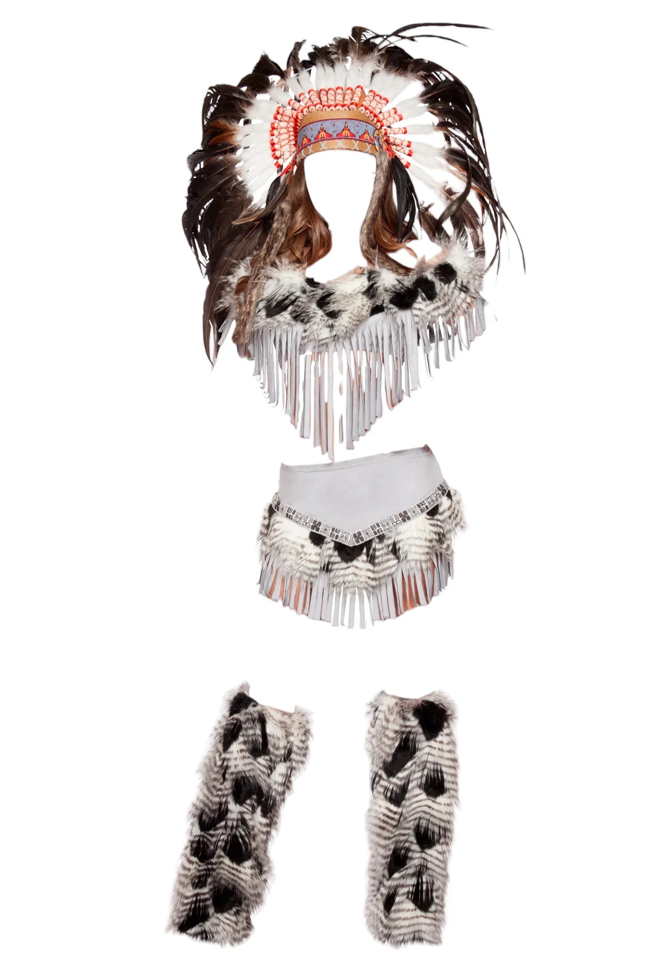 Roma Costume 3 PC Lusty Indian Maiden Fringe Crop Top & Skirt Set Costume Grey