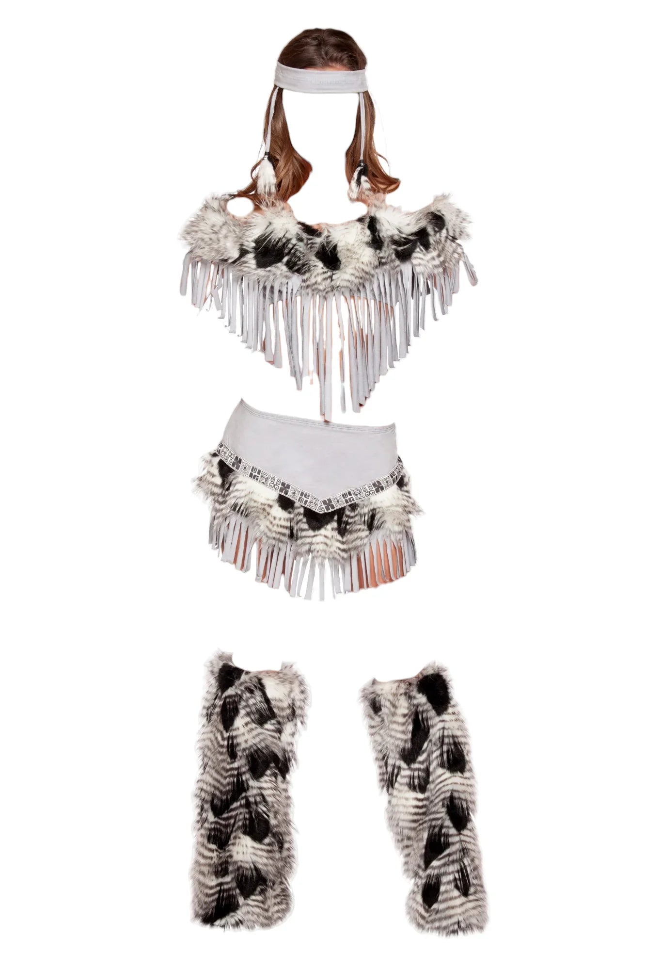 Roma Costume 3 PC Lusty Indian Maiden Fringe Crop Top & Skirt Set Costume Grey