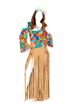 Roma Costume 2 PC Hippie Princess Keyhole Sleeve Top & Fringe Pants Multi/Honey