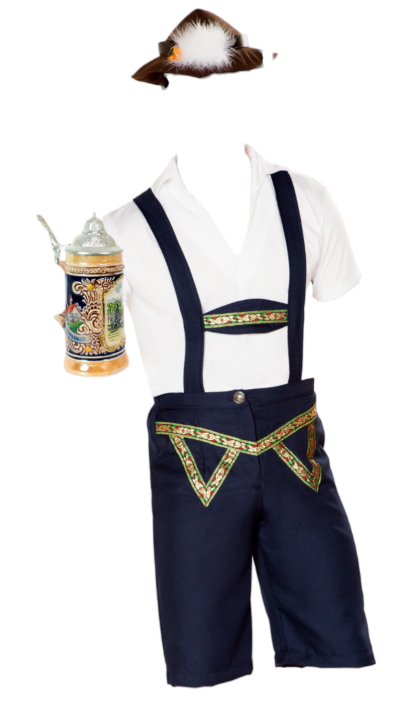 Roma Costume 3 PC Oktoberfest Beer Bud Men's Costume with Collared Shirt & Shorts Blue/White