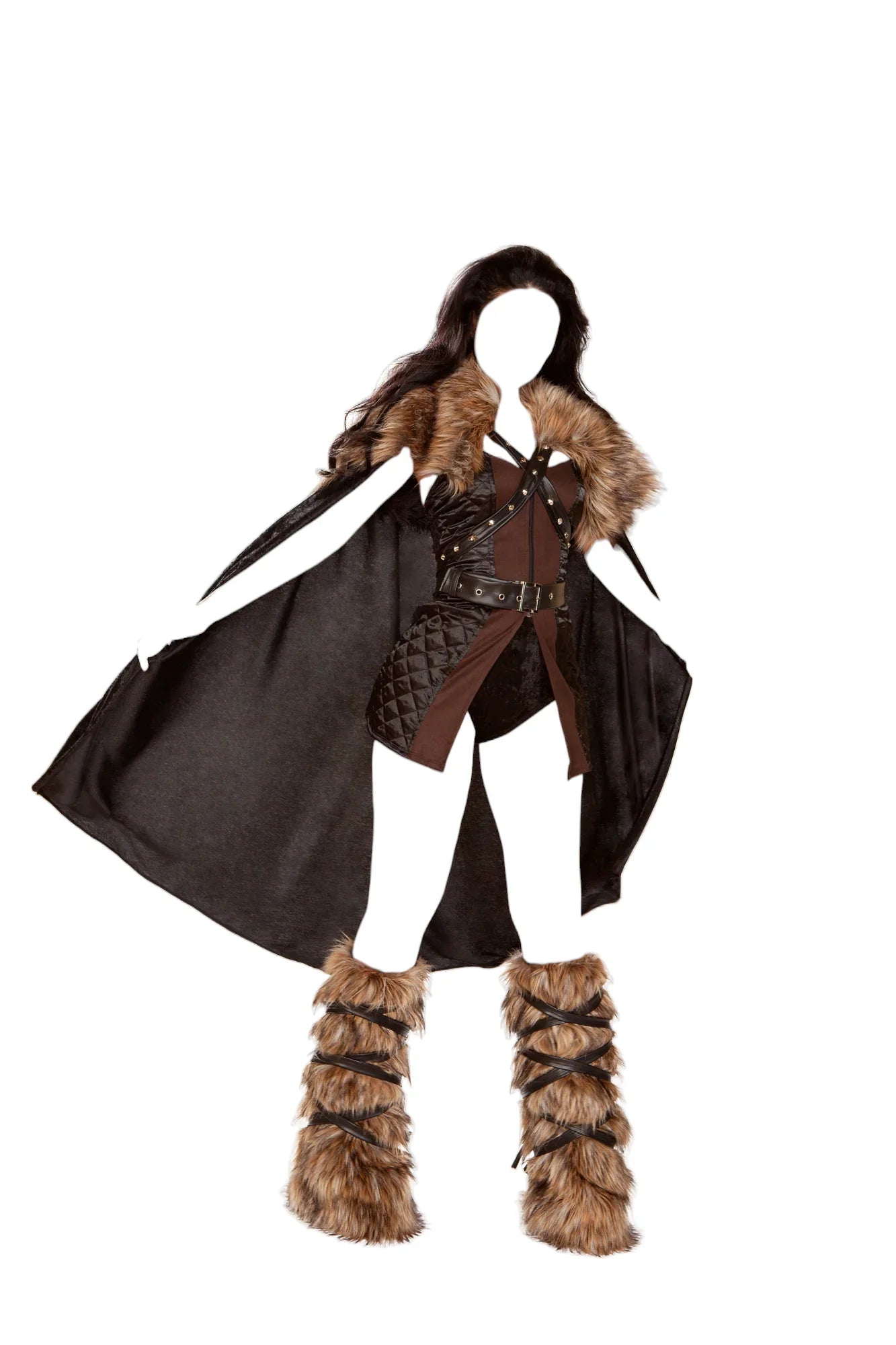 Roma Costume 4 PC Northern Warrior Front Slit Dress with Velvet Shorts Costume Set Black/Brown