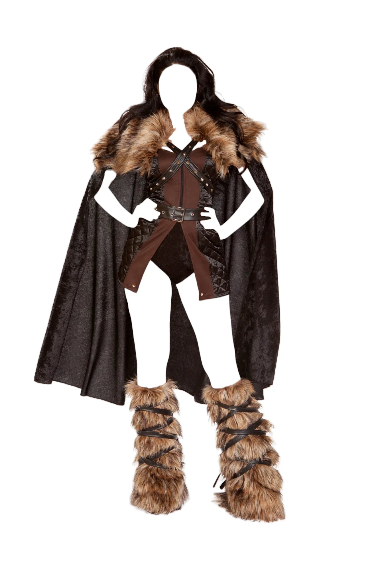 Roma Costume 4 PC Northern Warrior Front Slit Dress with Velvet Shorts Costume Set Black/Brown