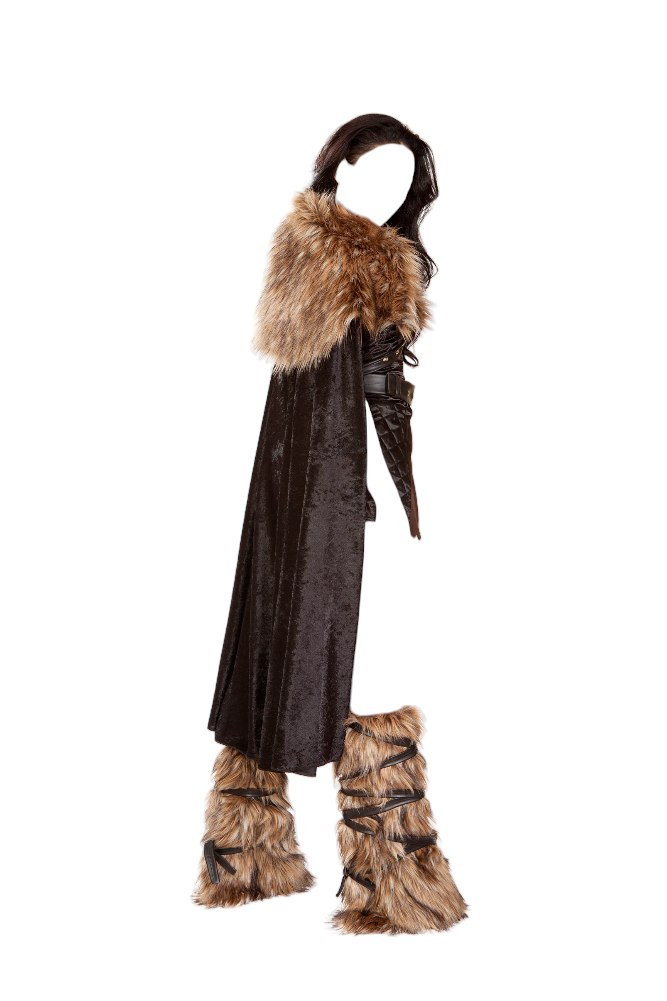 Roma Costume 4 PC Northern Warrior Front Slit Dress with Velvet Shorts Costume Set Black/Brown