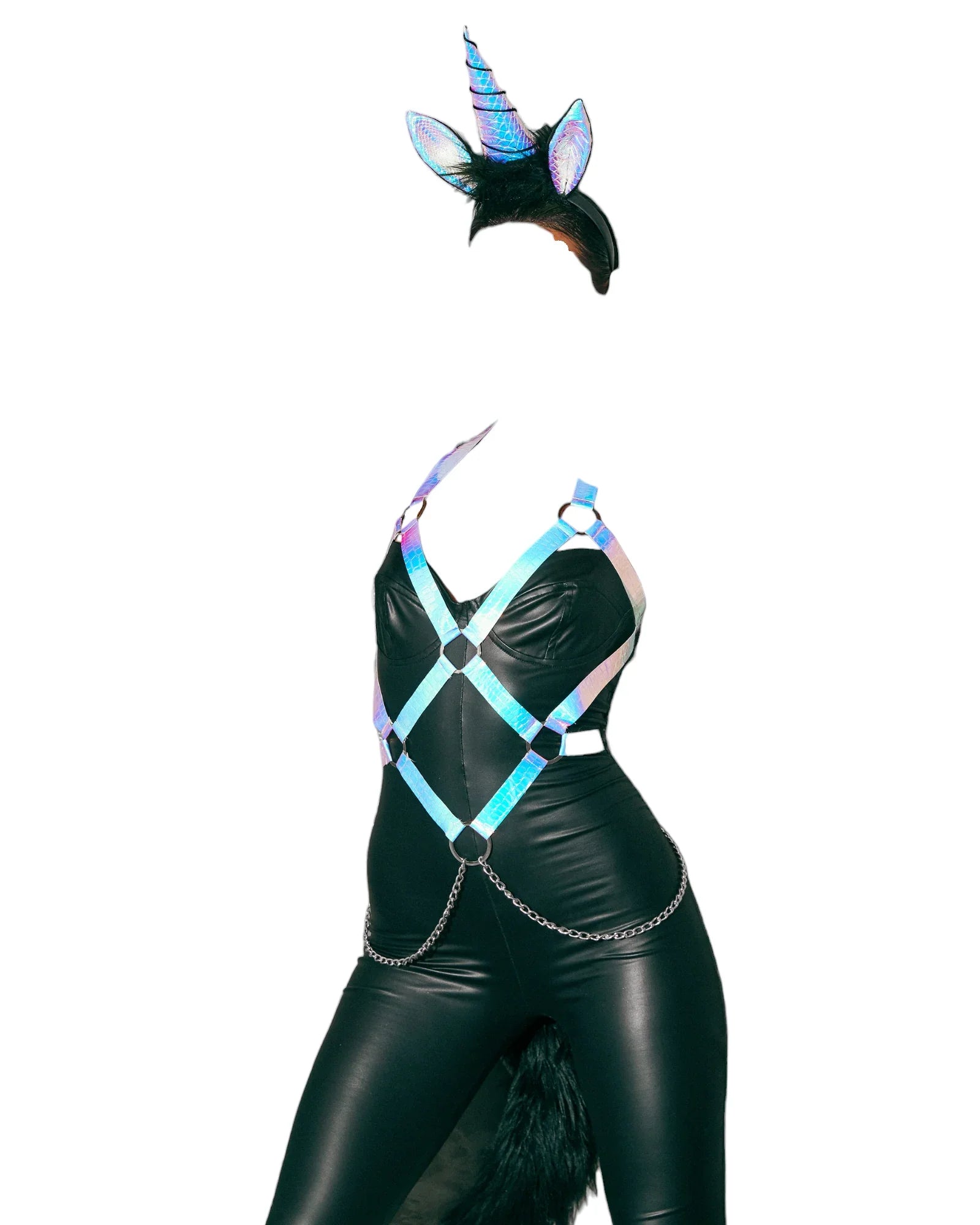 Roma Costume 3 PC Kinky Unicorn Wetlook Bodysuit with Body Harness Costume Set Black