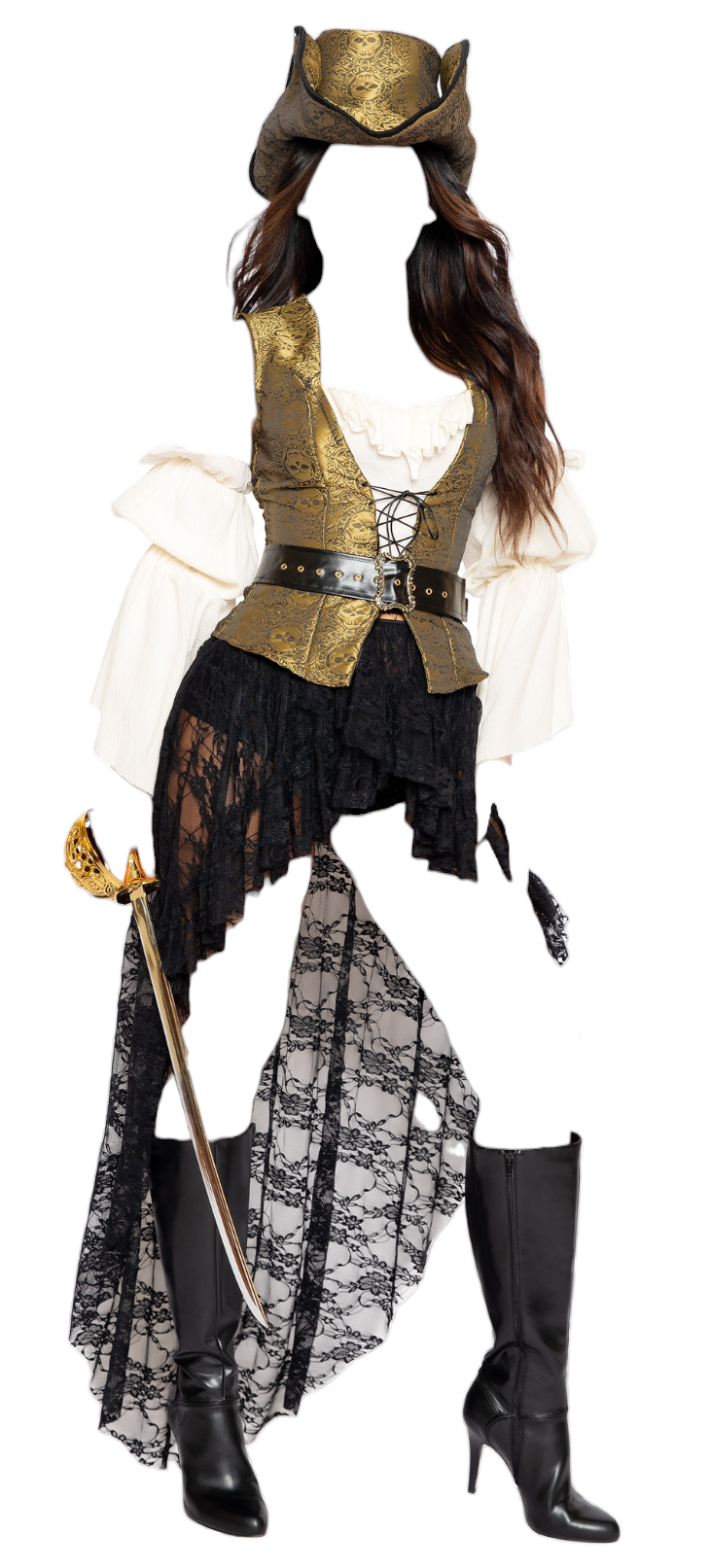 Roma Costume 6 PC Pirate Queen Top with Vest & Lace Skirt Costume Set Gold/Black