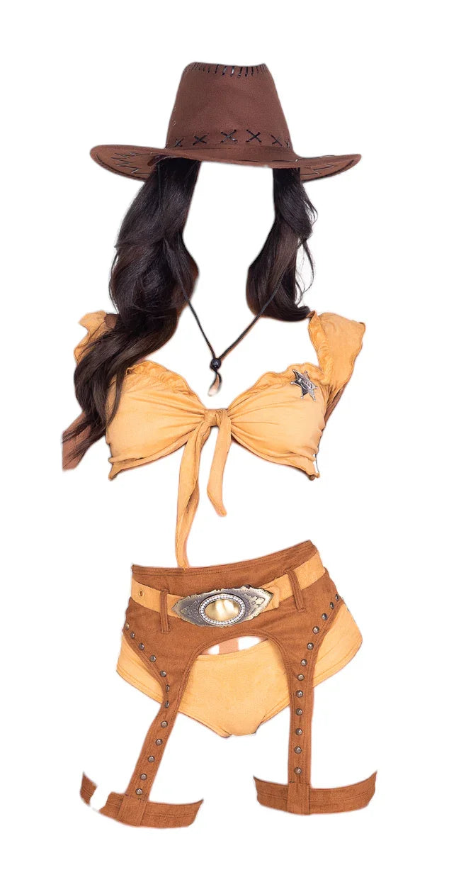Roma Costume 4 PC Wild & Sexy West Costume Tie Top & Shorts Brown/Beige