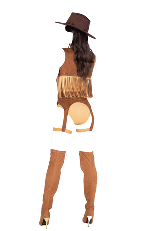 Roma Costume 4 PC Wild West Babe Costume Romper with Garter & Fringe Vest Brown/Beige