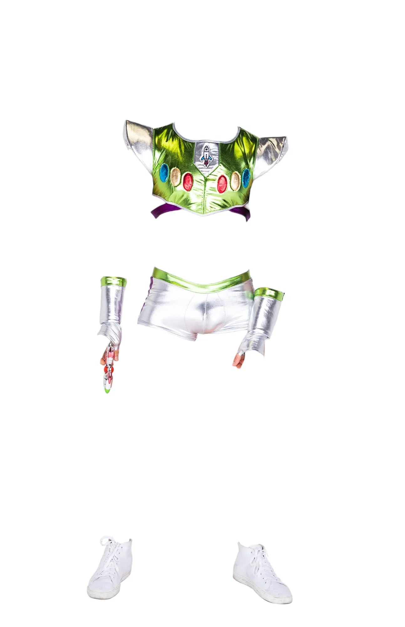 Roma Costume 3 PC Infinity Space Voyager Men’s Costume with Padded Top & Mini Shorts Silver/Green/Purple