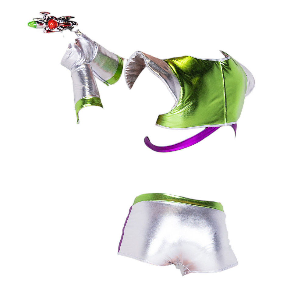Roma Costume 3 PC Infinity Space Voyager Men’s Costume with Padded Top & Mini Shorts Silver/Green/Purple
