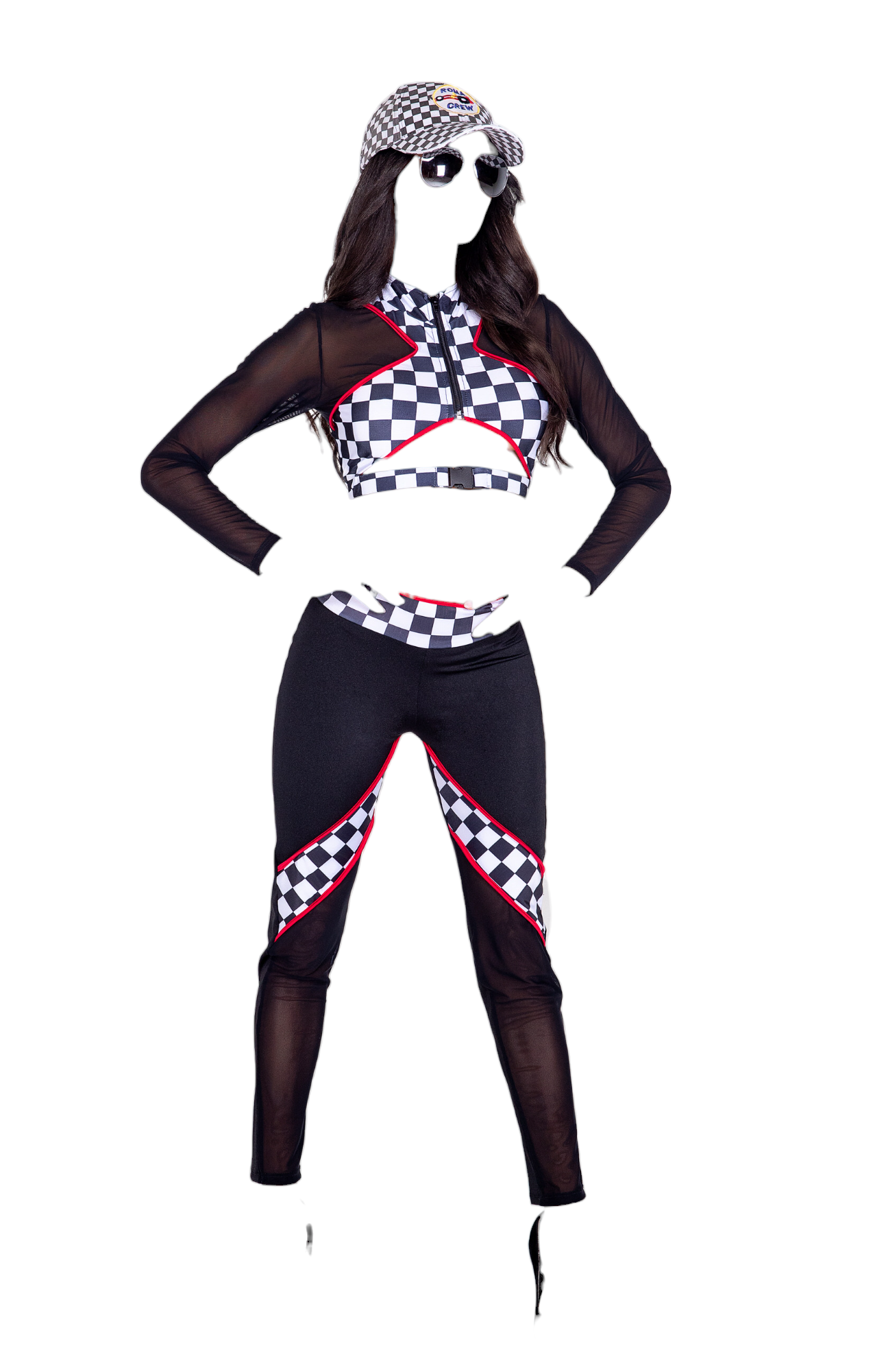 Roma Costume 2 PC Sexy Race Car Driver Long Sleeve Crop Top & Pants Black/Red