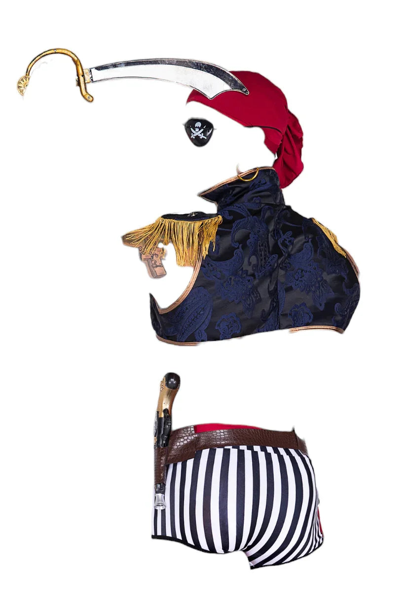 Roma Costume 6 PC Captain Hunk Men's Costume with Vest & Shorts Black/Red/Blue