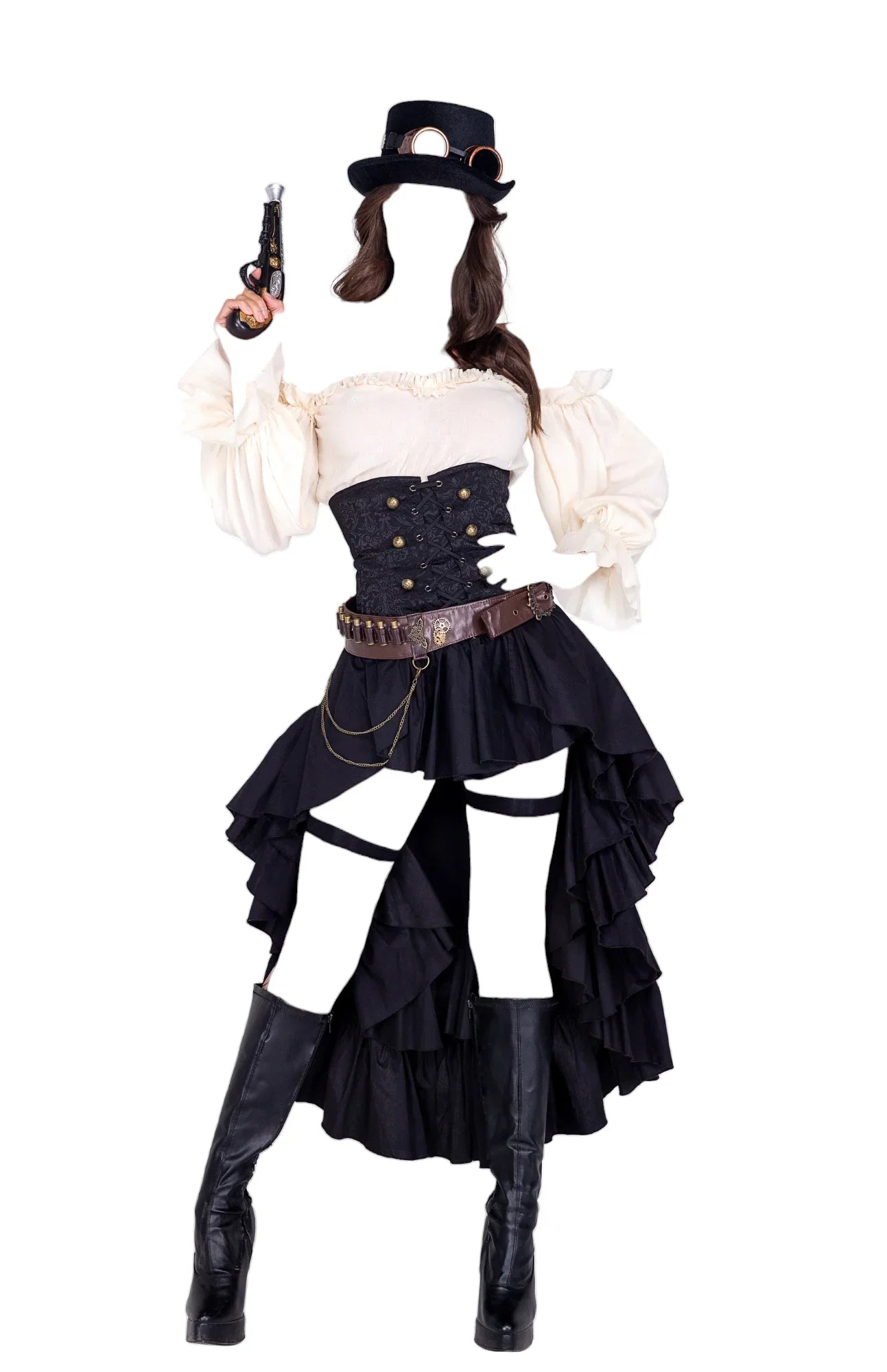 Roma Costume 6 PC Steampunk Seductress Crop Top & Skirt Black/Beige