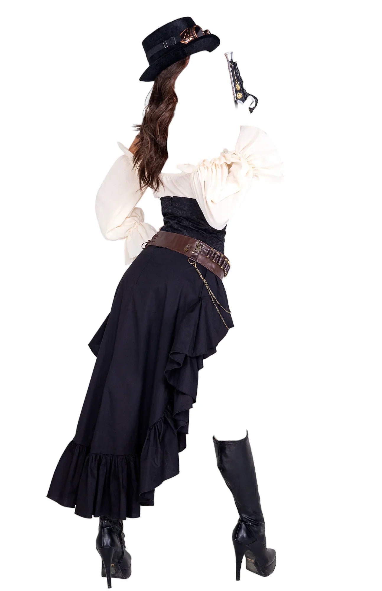 Roma Costume 6 PC Steampunk Seductress Crop Top & Skirt Black/Beige