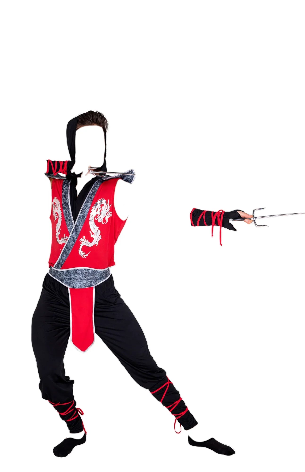 Roma Costume 6 PC Deadly Combat Ninja Men's Costume with Hooded Shirt & Pants Black/Red