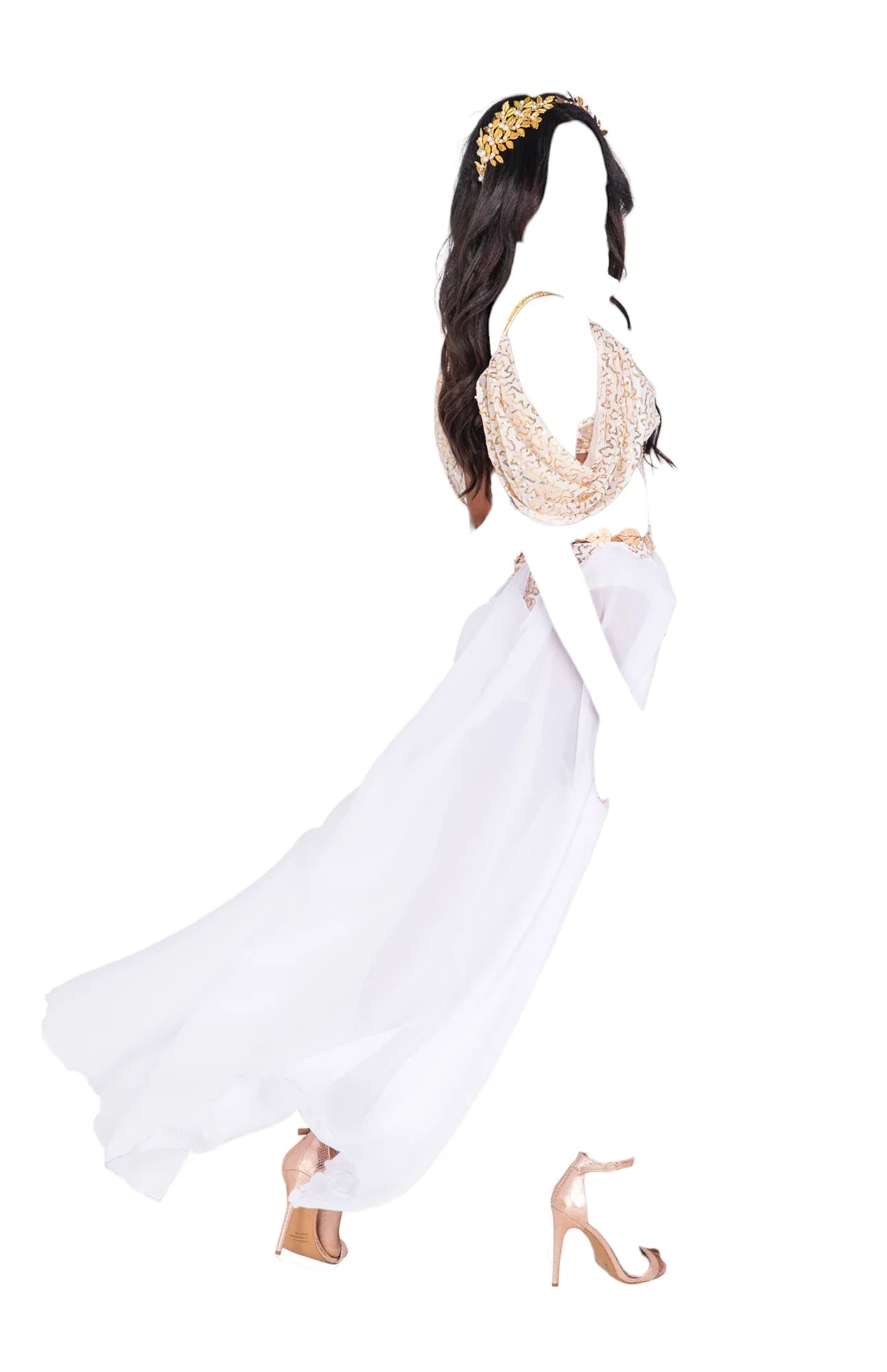 Roma Costume 2 PC Goddess Glam Bodysuit with Train White/Gold