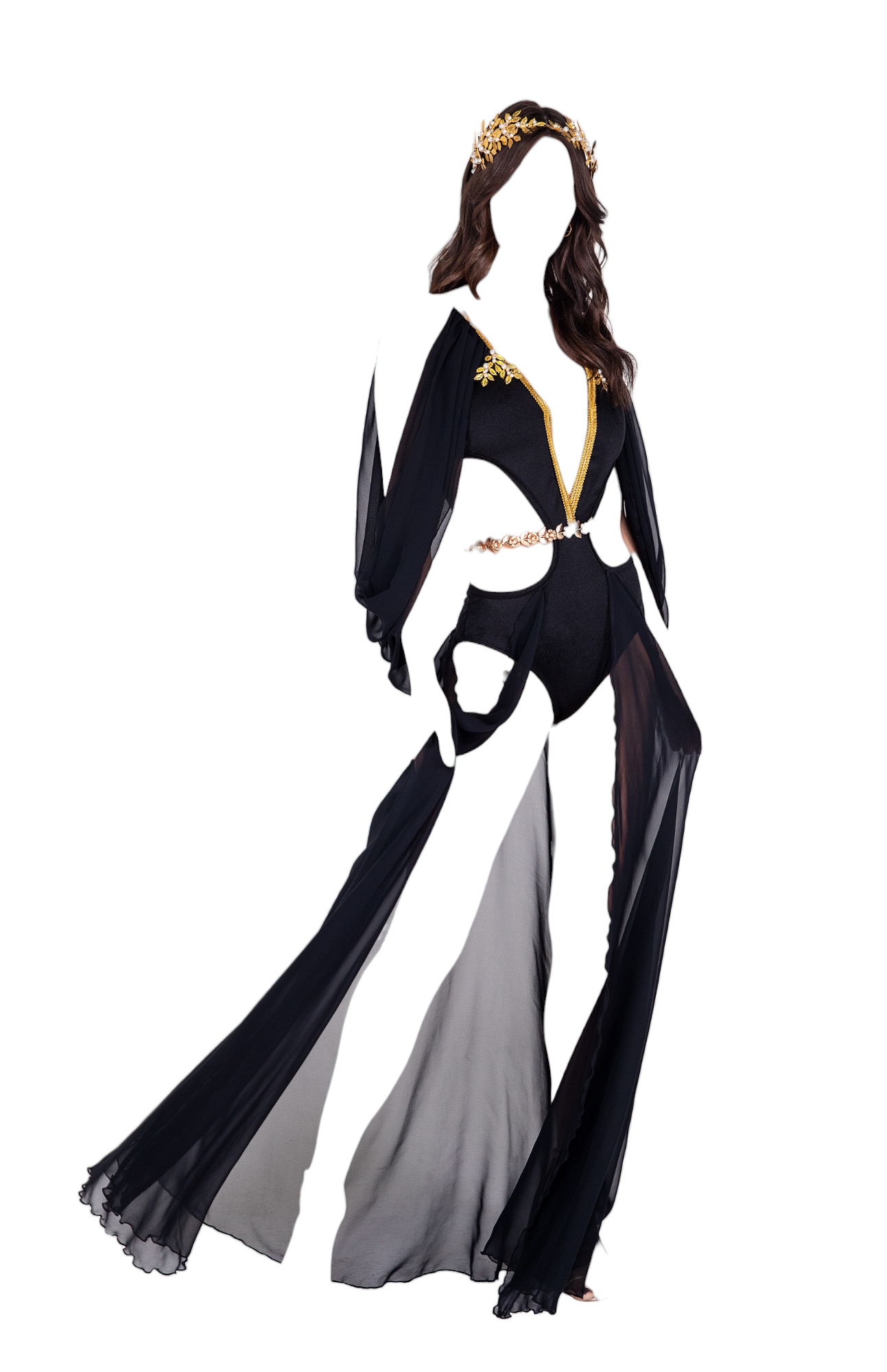 Roma Costume 2 PC Divine Goddess Bodysuit with Train Costume Black/Gold