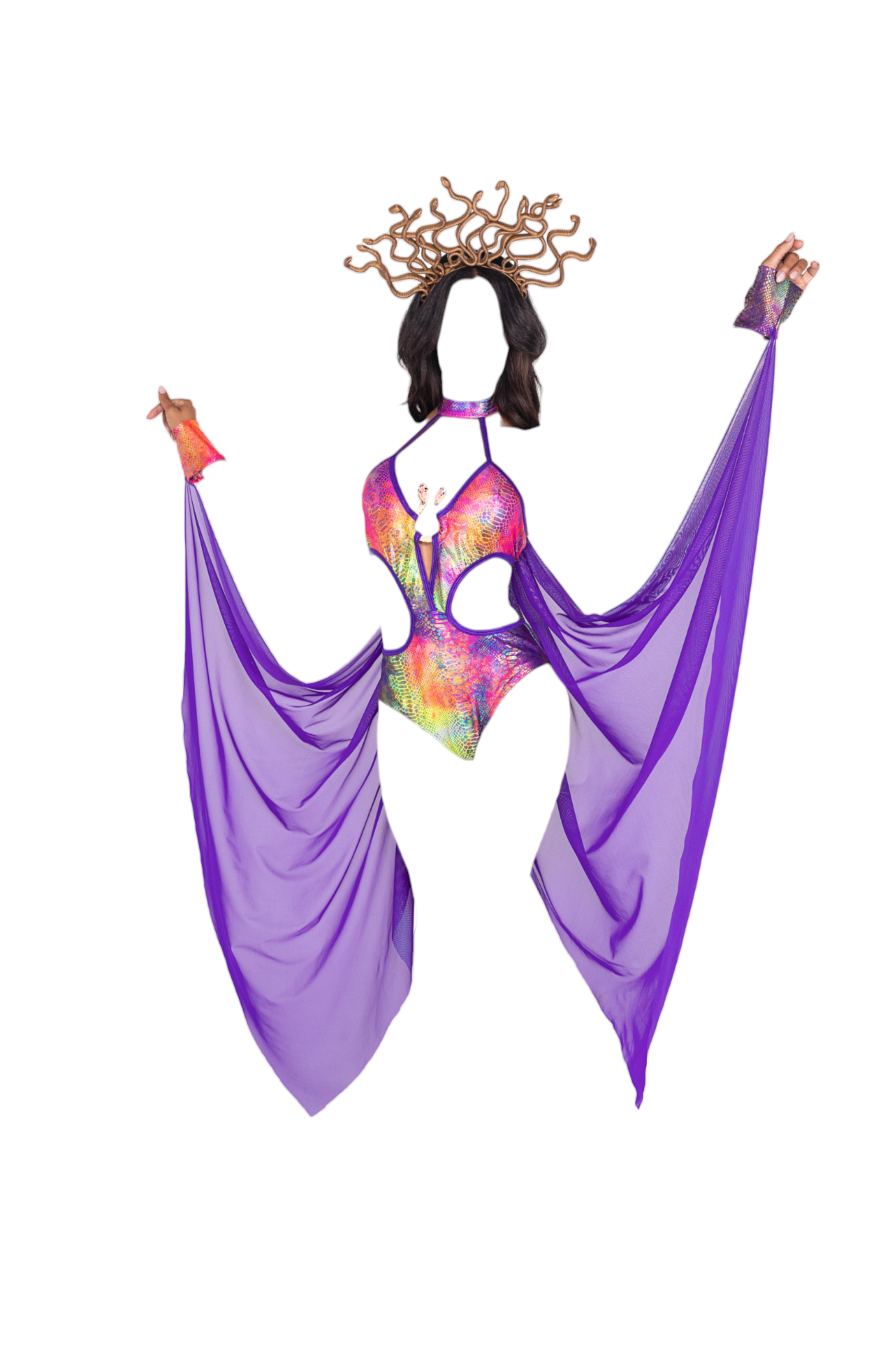 Roma Costume 2 PC Mesmerizing Medusa Costume Bodysuit with Train Purple/Multi