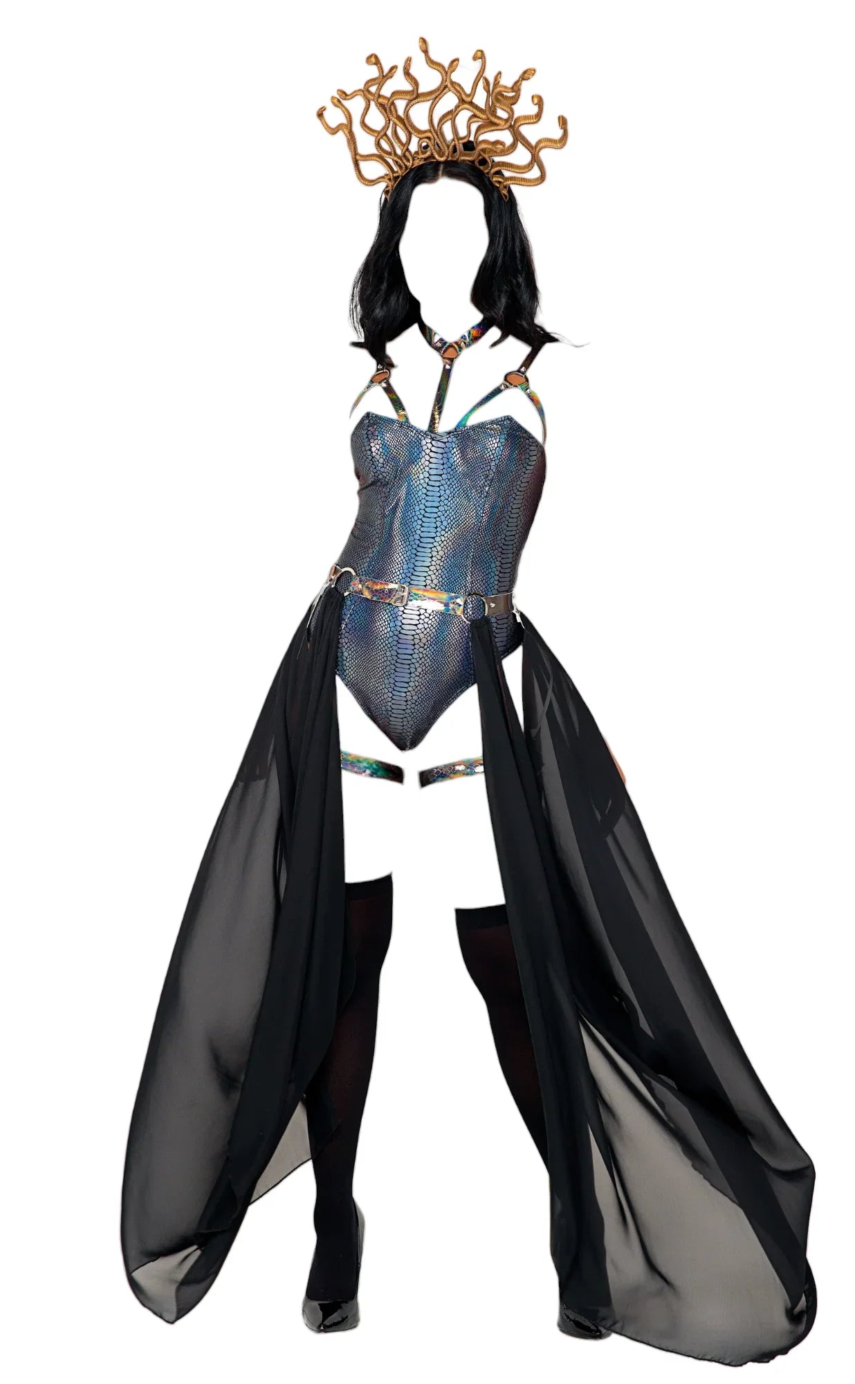 Roma Costume 3 PC Sensual Queen Bodysuit with Studded Harness Black/Grey