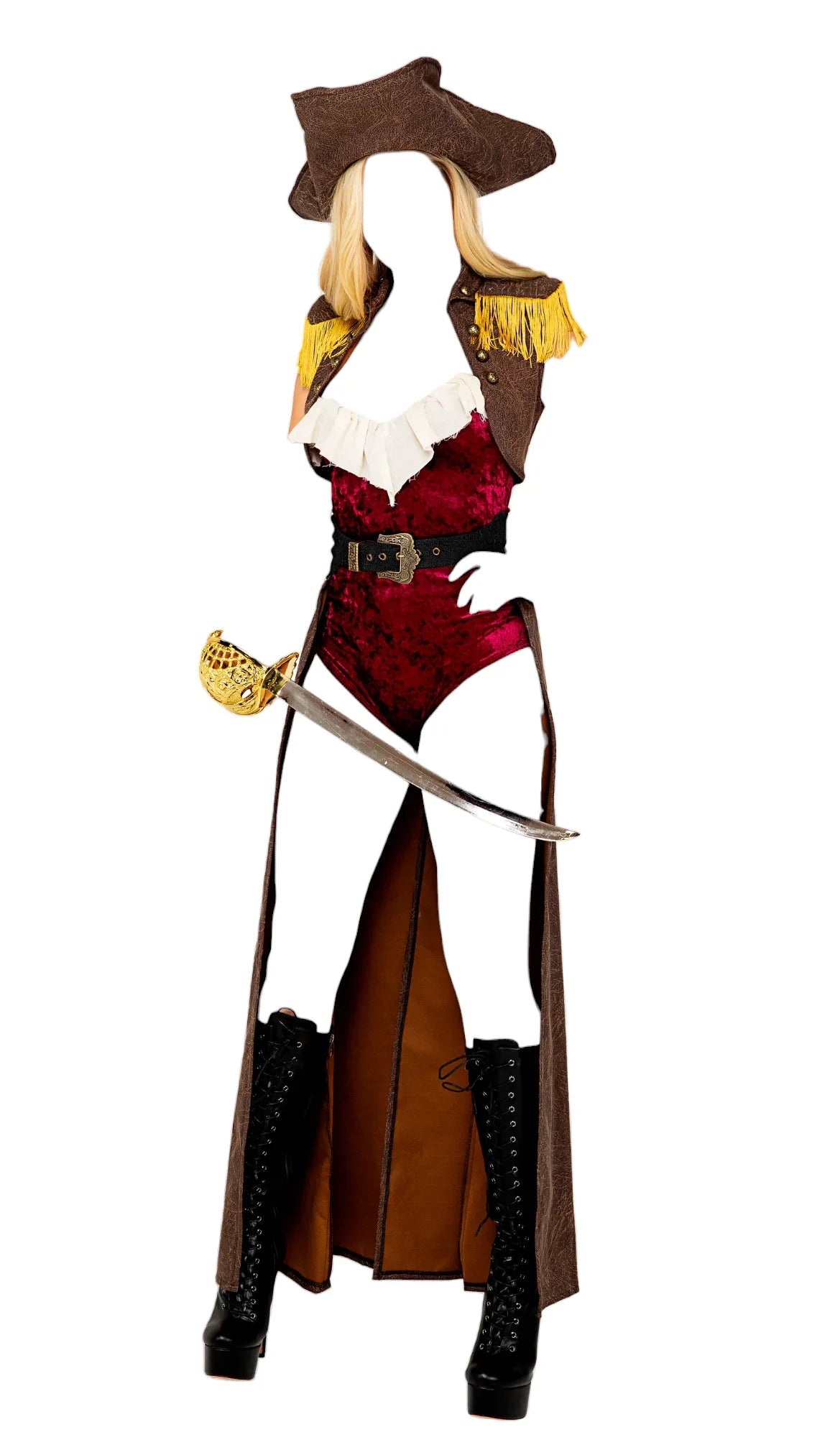 Roma Costume 4 PC Pirate Buccaneer Beauty Velvet Bodysuit with Overskirt Brown/Red