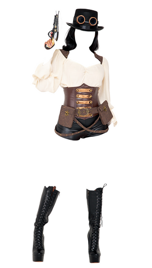 Roma Costume 7 PC Industrial Vixen Steampunk Blouse & Shorts Brown/Black