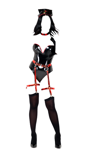 Roma Costume 4 PC Nightshift Nurse Vinyl Bodysuit Black/Red