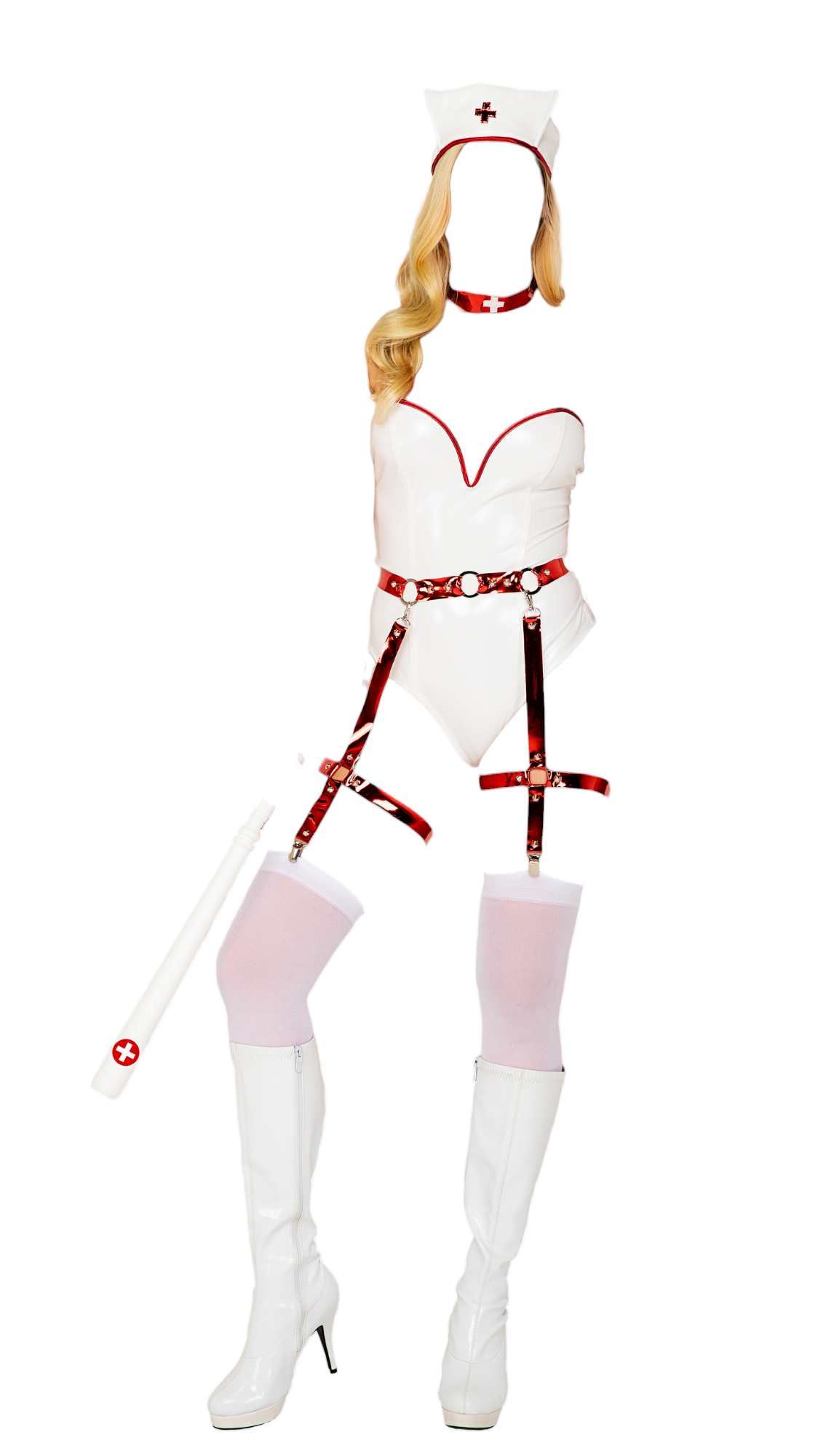 Roma Costume 4 PC Naughty Nurse Vinyl Bodysuit White/Red
