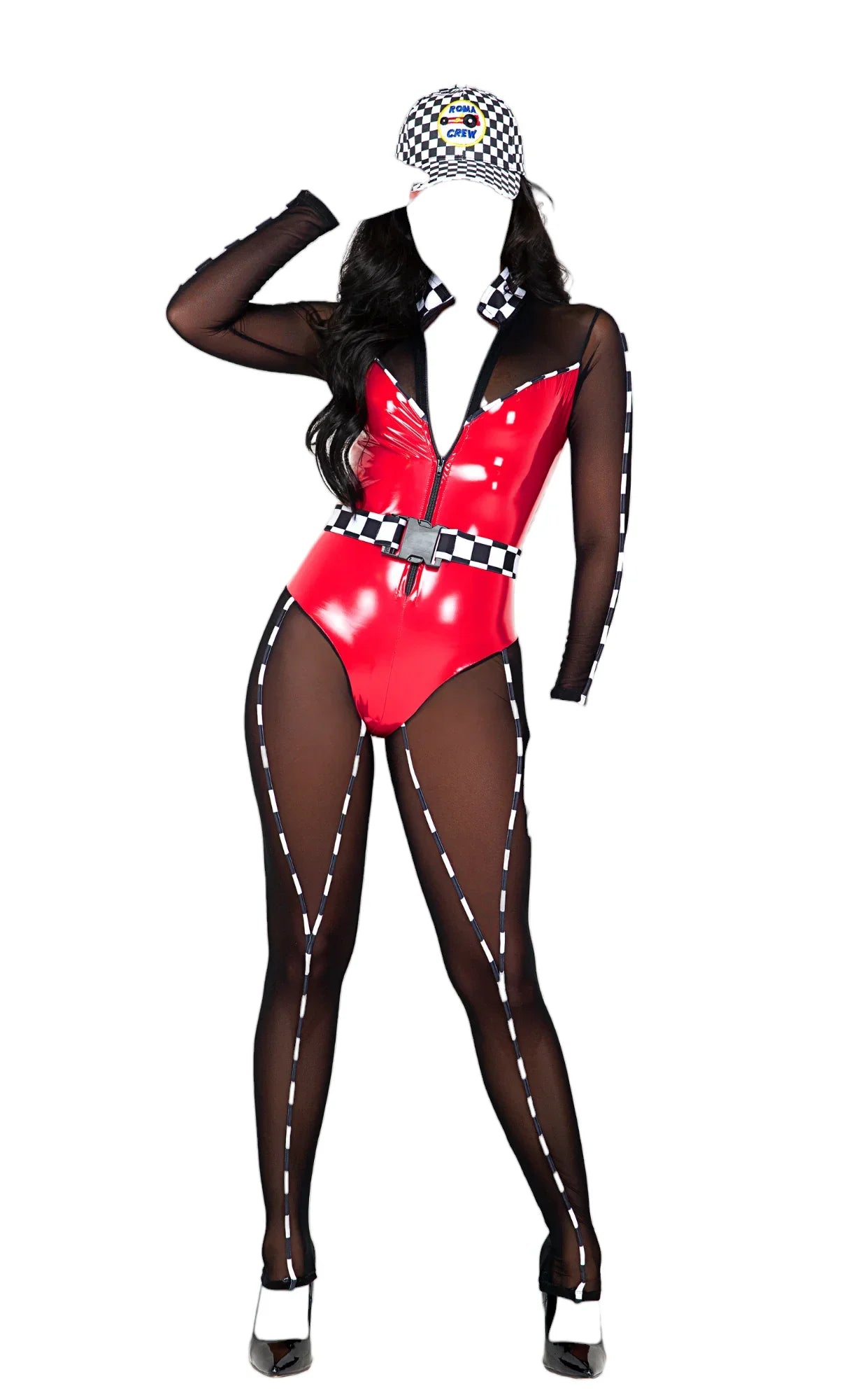Roma Costume 2 PC Speedway Hottie Vinyl Wetlok Bodysuit Red/Black/White