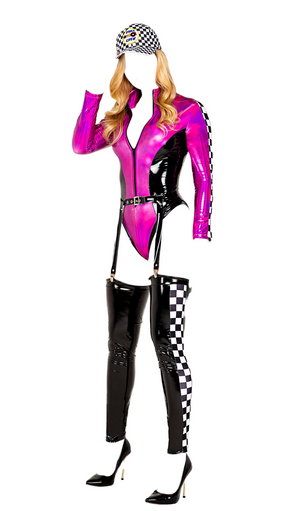 Roma Costume 3 PC Racetrack Diva Wetlook Bodysuit with Thigh High Leg Warmers Hot Pink/Black