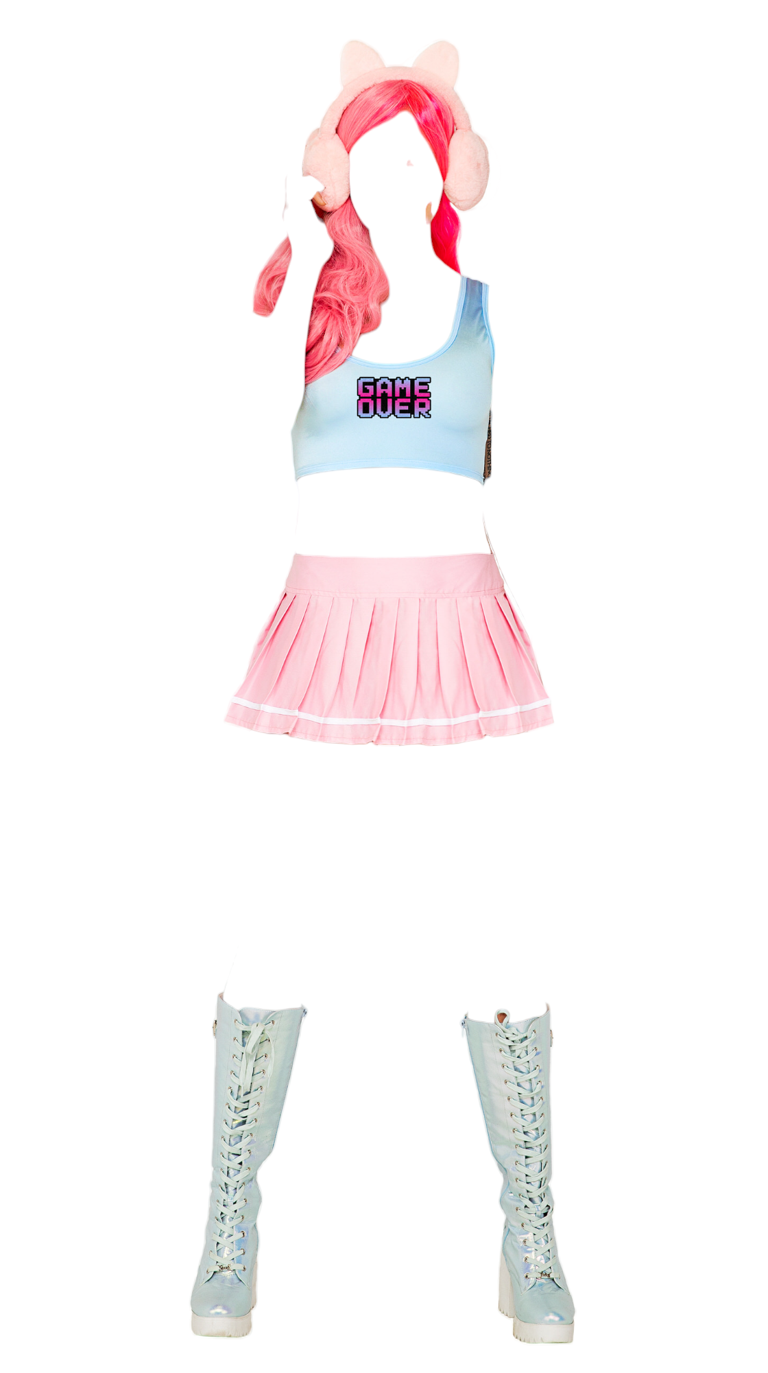 Roma Costume 3 PC Video Game Doll Crop Top & Pleated Skirt Pink/Blue -  Romantic Blessings