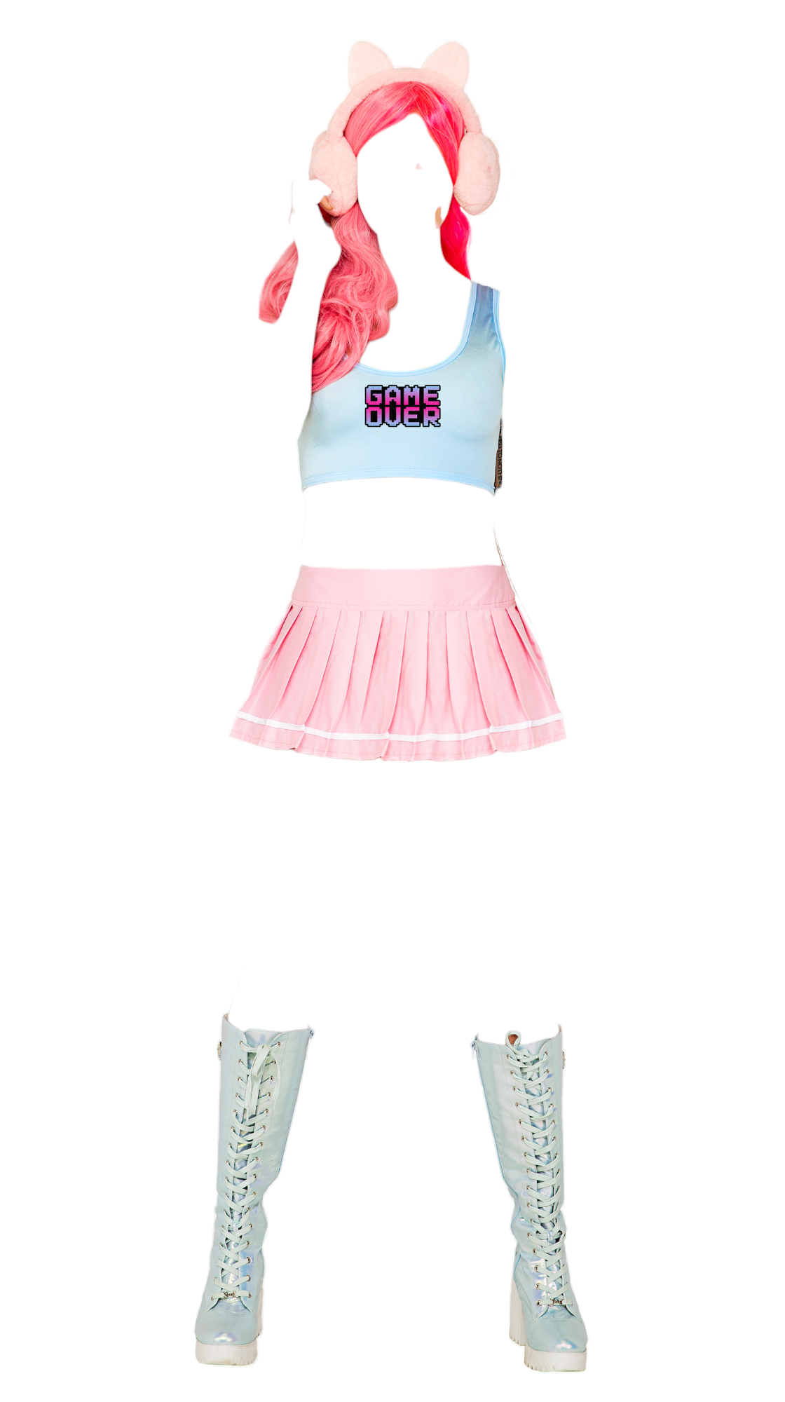 Roma Costume 3 PC Video Game Doll Crop Top & Pleated Skirt Pink/Blue