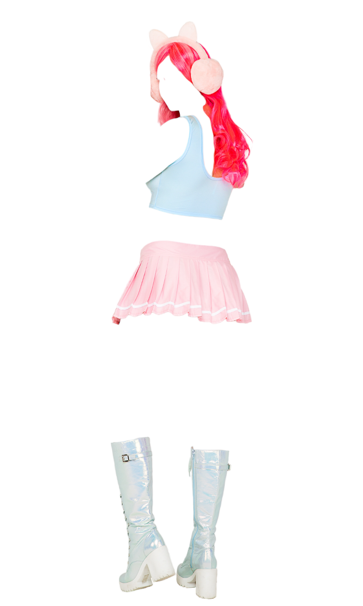 Roma Costume 3 PC Video Game Doll Crop Top & Pleated Skirt Pink/Blue