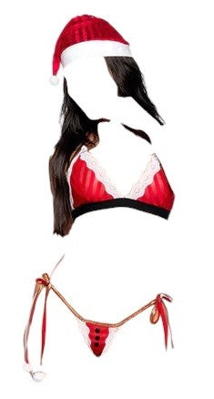 Mapale Holiday Sexy Santa Halter Top with Santa Hat and Matching Thong Costume Red