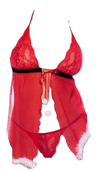 Mapale Holiday Lace and Mesh Babydoll with Feather Trims and Matching Thong Red